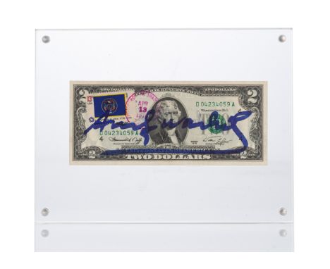 Warhol, AndyPittsburgh, 1928 - New York, 198715,5 x 6,5 cm, R."2 Dollar (Thomas Jefferson)", 1976. Banknote mit Briefmarke in