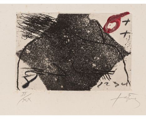 Tàpies, AntoniBarcelona, 1923 - 2012Blattgröße: 28,5 x 38 cm; 12 x 18 cm, R."Corps", 1971. Radierung, Öl und Bleistift auf Pa