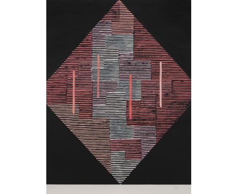 Fleischmann, AdolfEsslingen, 1892 - Stuttgart, 1968Blattgröße: 73 x 60 cm; 64 x 50 cm, R."Rote Raute", 1966. Farbserigraphie 