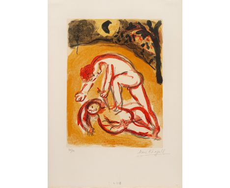Chagall, MarcWitebsk, 1889 - Saint-Paul-de-Vence, 1985Blattgröße: 52,5 x 38 cm; 36 x 27 cm, R."Cain et Abel", 1960. Farblitho