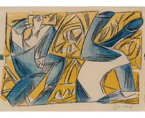 Grieshaber, HAPRot an der Rot, 1909 - Reutlingen, 1981Blattgröße: 19,6 x 26,5 cm, R."Zwei Bauhandwerker", 1933. Farbholzschni