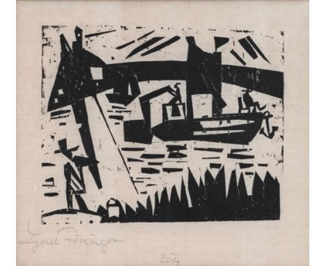 Feininger, LyonelNew York, 1871 - 195611,2 x 13,7 cm, R."Angler und Kanalboot", 1920. Holzschnitt auf Japanpapier. In Bleisti