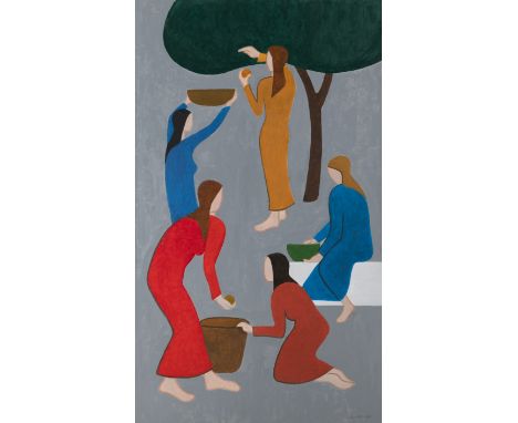 Kiemlen, Roland1914 - 2007162 x 95 cm, o. R.Frauen bei der Obsternte. Öl auf Leinwand. In Öl unten rechts signiert.Sammlung D