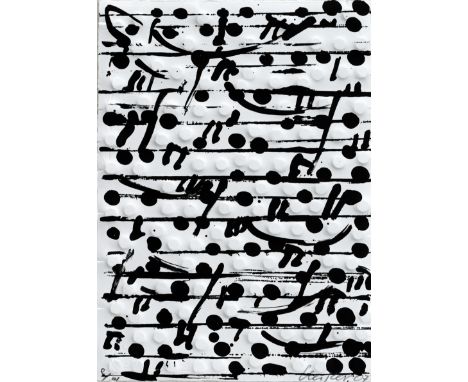 Uecker, GüntherWendorf/Mecklenburg, 1930Je 29,5 x 21 cm, R.Optische Partitur I- III, 2007. Prägedruck mit Lithografie auf Büt