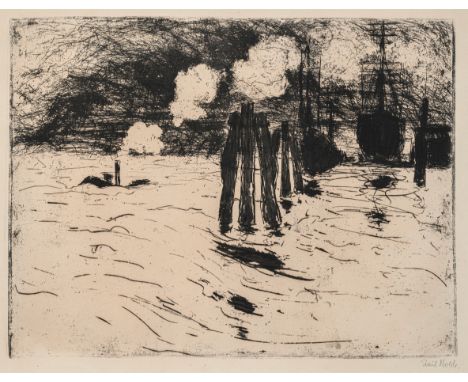 Nolde, EmilNolde/Schleswig, 1867 - Seebüll, 1959Blattgröße: 47,5 x 58,4 cm; 30,7 x 41 cm, R."Hamburg, Schiff im Dock", 1910. 