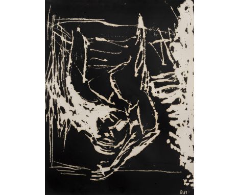 Baselitz, GeorgDeutschbaselitz, geboren 193864,5 x 49 cm, R."Frau am Fenster", 1981. Holzschnitt auf Offsetpapier. In Bleisti