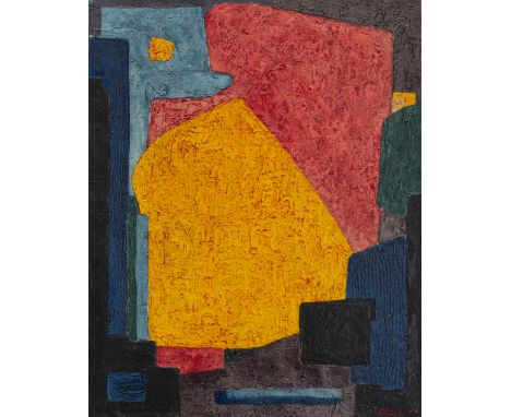 Feuerstein, ErnstStuttgart, 1899 - 198683 x 62 cm, R."Vordrängend", 1972. Dispersionsfarbe auf Karton, auf Hartfaserplatte au