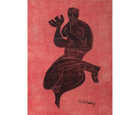 Grieshaber, HAPRot an der Rot, 1909 - Reutlingen, 1981134 x 100 cm, R."Vogelfrei II", 1974. Holzschnitt in Schwarz auf rot ei