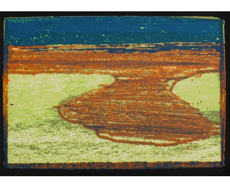 Hodgkin, HowardGeboren 1932Blattgröße: 57 x 77 cm, R."Indian view L", 1971. Farbserigraphie auf schwarzem Papier aus der Folg