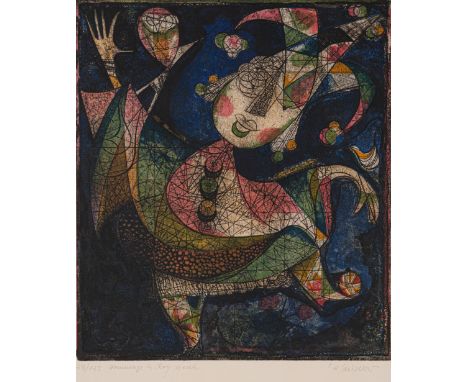 Finsterer, AlfredNürnberg, geboren 1908Blattgröße: 76 x 56,5 cm; 47,5 x 40,5 cm, o. R."Hommage à Rolf Nesch". Farbradierung a