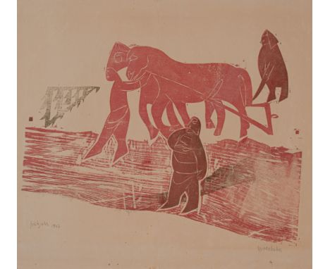 Grieshaber, HAPRot an der Rot, 1909 - Reutlingen, 1981Blattgröße: 54,5 x 71,5 cm; 43 x 55,5 cm, o. R."Acker", 1947. Farbholzs