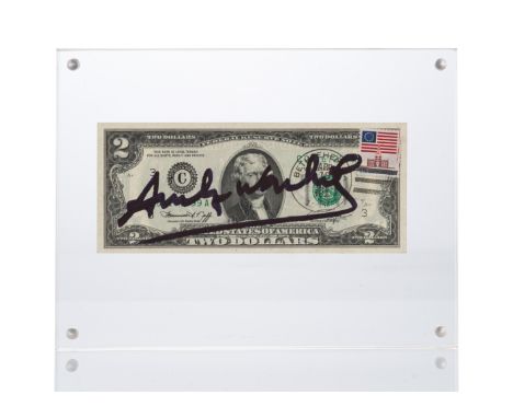 Warhol, AndyPittsburgh, 1928 - New York, 198715,5 x 6,5 cm, R."2 Dollar (Thomas Jefferson)", 1976. Banknote mit Briefmarke in