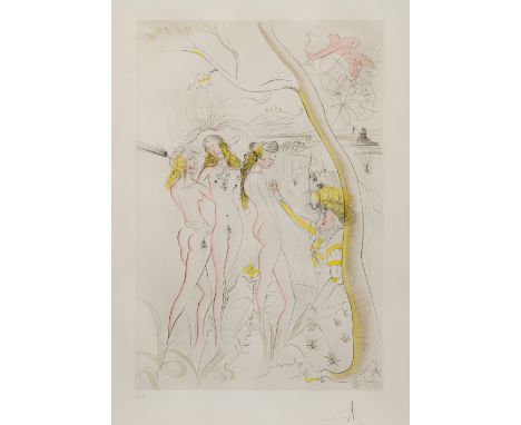 Dalí, SalvadorFigueras, 1904 - Cadaques, 1989Blattgröße: 75,5 x 56,5 cm; 58 x 39 cm, R."Jugement de Pâris", 1971. Kaltnadelra
