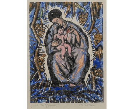 Lange, OttoDresden, 1879 - 194419 x 27,5 cm, R."Madonna", 1917. Farbholzschnitt, koloriert und mit Goldpigment, auf Japanpapi