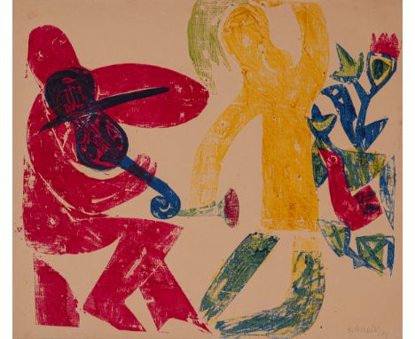 Grieshaber, HAPRot an der Rot, 1909 - Reutlingen, 1981Blattgröße: 54,5 x 63 cm, o. R."Tanz", 1949. Farbholzschnitt auf Werkdr