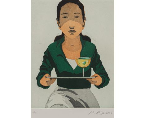 Hüppi, JohannesBaden-Baden, geboren 1965Blattgröße: 50 x 40 cm; 25 x 19 cm, R.Kellnerin mit Weißweinglas, 2001. Farbradierung