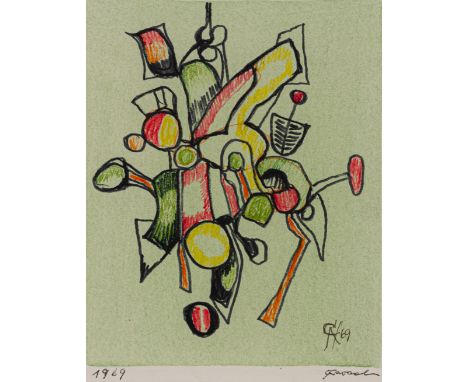 Cavael, RolfKönigsberg, 1898 - München, 197914,5 x 11,8 cm, R.Ohne Titel, 1969. Farbstift und Faserstift auf Papier. In Kugel