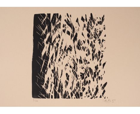 Uecker, GüntherWendorf/Mecklenburg, 1930Blattgröße: 64 x 90 cm; 47 x 42 cm, o. R.Ohne Titel, 1984. Holzschnitt auf Bütten. In