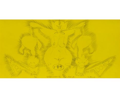 Roth, DieterHannover, 1930 - Basel, 199828,5 x 58 cm, R."Dogs", 1983. Bleistift auf gelbem Papier. In Bleistift unten mittig 