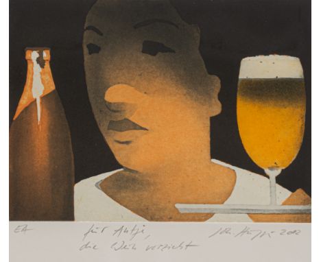 Hüppi, JohannesBaden-Baden, geboren 1965Blattgröße: 30 x 40 cm; 14,5 x 19,5 cm, R.Kellnerin, 2002. Farbradierung auf Bütten. 