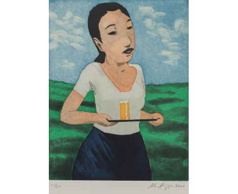 Hüppi, JohannesBaden-Baden, geboren 1965Blattgröße: 50 x 40 cm; 24,5 x 19 cm, R.Kellnerin mit einem Kölsch, 2000. Farbradieru