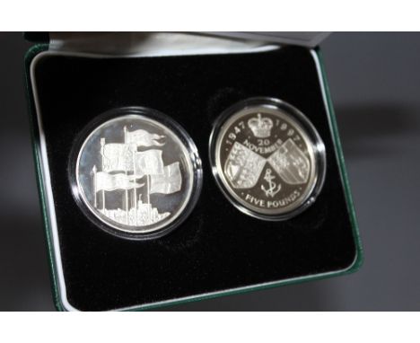 A ROYAL MINT 1997 UNITED KINGDOM 'GOLDEN WEDDING CROWN AND 1996 SEVENTIETH BIRTHDAY' CROWN SILVER PROOF 2 COIN SET, with COA/