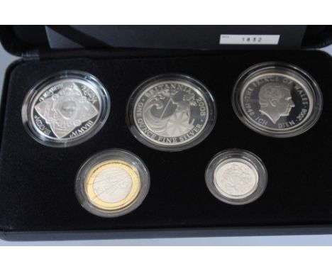 A ROYAL MINT 2008 'FAMILY SILVER' COLLECTION FIVE COIN SET, comprising silver proof £5 (3), £2 and £1, with COA/Booklet, in o