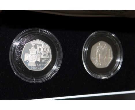 A ROYAL MINT 'THE VICTORIA CROSS' SILVER PROOF TWO COIN SET, comprising two 50 pence coins, with COA/Booklet, in original pre