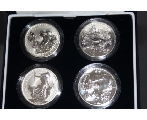 A ROYAL MINT BRITANNIA DESIGN ONE OUNCE SILVER BULLION FOUR COIN SET, with COA/Booklet, in original presentation case