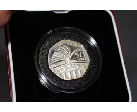 A ROYAL MINT '150 YEARS OF PUBLIC LIBRARIES' SILVER PROOF PIEDFORT 50 PENCE COIN, with COA/Booklet, in original presentation 