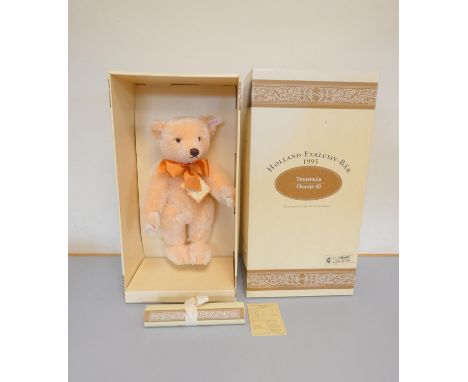 Steiff. Orange Teddy Bear, 1995, white tag 650857, Holland Exclusive, peach mohair with bowtie. Complete with certificate and