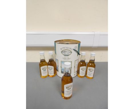 Set of five bottles of Bowmore Islay Single Malt Scotch Whisky, 12, 15, 17 and 21 years old, and Legend, 200ml, 43% vol, in t