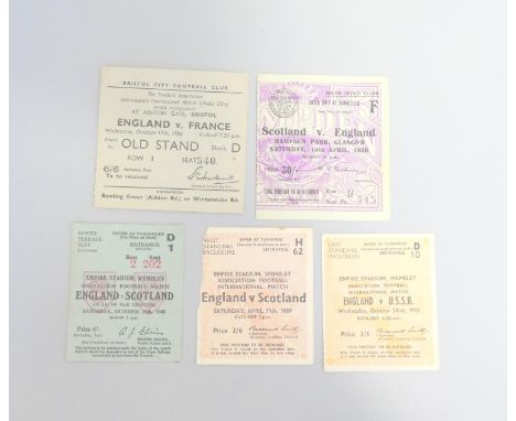 Collection of England ticket stubs to include England VS France Oct 17th 1956, and a Wartime England VS Scotland Oct 10th 194