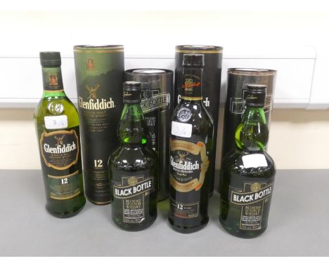 Two bottles of Glenfiddich 12 years old single malt scotch whisky, 70cl, 40% vol, with two bottles of Black Bottle 130th Anni