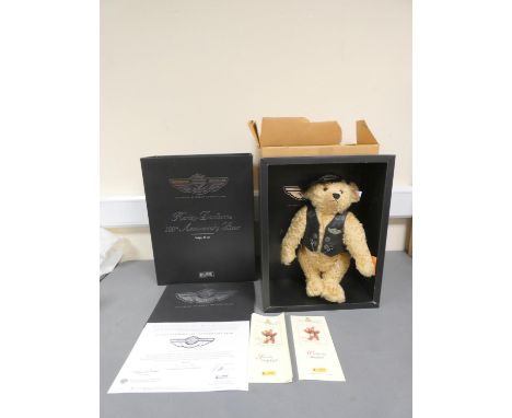 Steiff. Harley Davidson Anniversary Bear 1903-2003, 2002, white tag 666476, in beige mohair with leather cap and vest. Comple