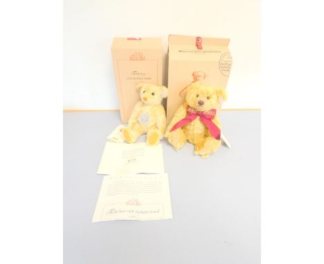 Steiff. Two collectors bears to include a 125th Anniversary 1880-2005 Teddy Bear, 2005, white tag 038976, golden blonde mohai