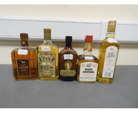 Six bottles of Blended Scotch Whisky, Old bottle of Duke De Luxe, Distilled and Bottled by WM. Maxwell, Edinburgh, 75cl, 66 p