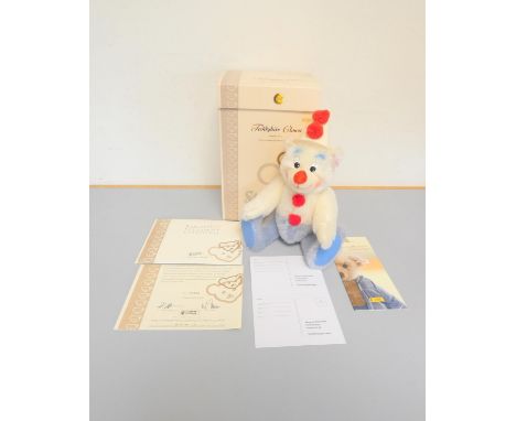 Steiff. Clown Teddy Bear, 2006, white tag 037528, in white mohair with clown hat and red nose. Complete with display box and 