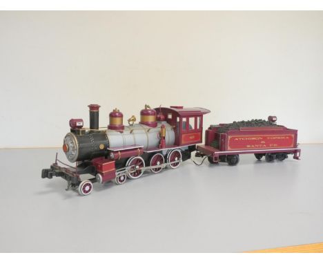 Bachmann. Large G Scale ''Thunderbolt Express'' model locomotive with Atchison Topeka Santa Fe open top truck.&nbsp; 