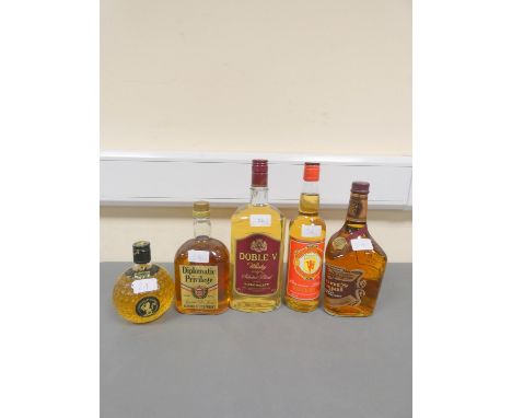 Five Bottles of Blended Scotch Whisky, Double - V selected blend, By Hiram Walker, 100cl, 40% vol, Grant's Royal 12 years old