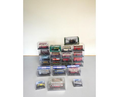 A group of 1:76 scale models behind plexiglass cases comprising of issues by Oxford, Corgi etc. To include Corgi AEC Double D