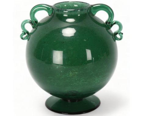 WILLIAM STENBERG for Gullaskruf glass factory, Sweden, a 1930s' green glass globe vase on a flared base with seeded interior 