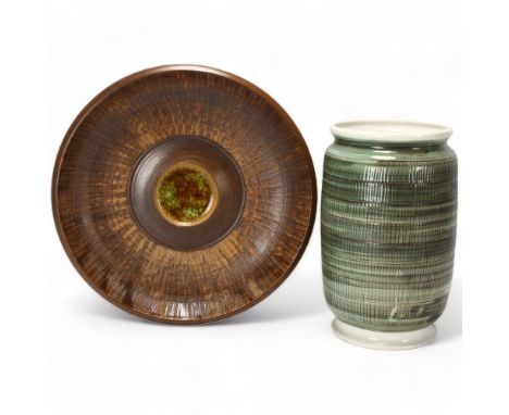 EDDIE GOODALL for Purbeck Pottery, a sgarffito decorated dish with pooled crackle glaze centre, diameter 30.5cm together with