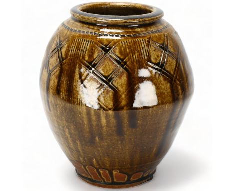 MIKE DODD (b.1943- ), British, an impressed and sgraffito ash glazed vase, impressed makers mark, height 24cmGood condition, 