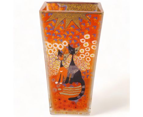ROSINA WACHTMEISTER (b.1934-), Austria, a square sectioned glass vase with cat in meadow design, stamped to base Goebel R Wac