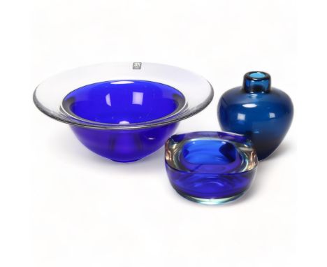 3 pieces of mid century blue glass, SVEN PALMQVIST for Orrefors vase numbered PU3791, R SINNEMARK for Maleras, Sweden signed 