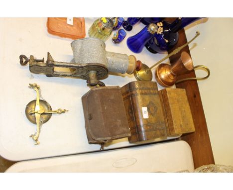 An old mincer together with a Victorian inlaid box; a leather box; a box camera etc.