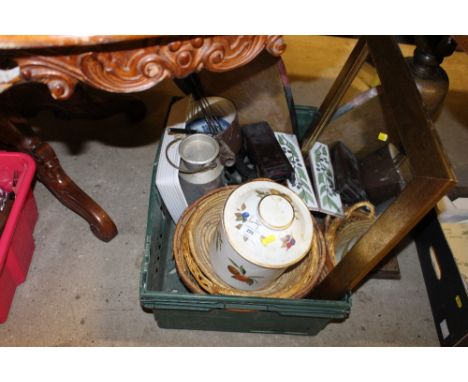 A box containing a Royal Worcester storage jar and cover; a gilt framed mirror; and various sundries 