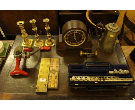 Two cribbage boards; a silver plated coffee pot; an oak mantel clock; three brass candlesticks etc.