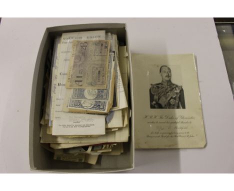 A shoe box of bereavement papers, war time correspondence, post-cards, photos etc.